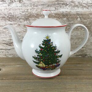 Cuthbertson American Christmas Tree Teapot Red Trim Ceramic Holiday Decor